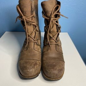 Brown leather suede Sorel high heeled boots women 9